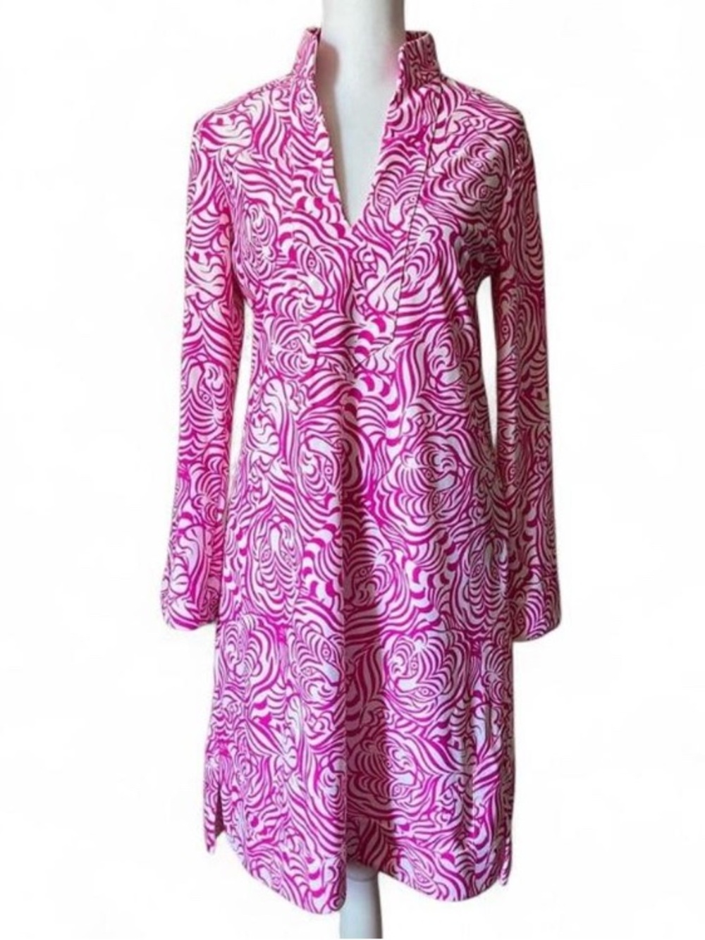 Jude Connally Pink/White Hidden Tiger Long Sleeve Collared Dress size Small - Picture 2 of 10